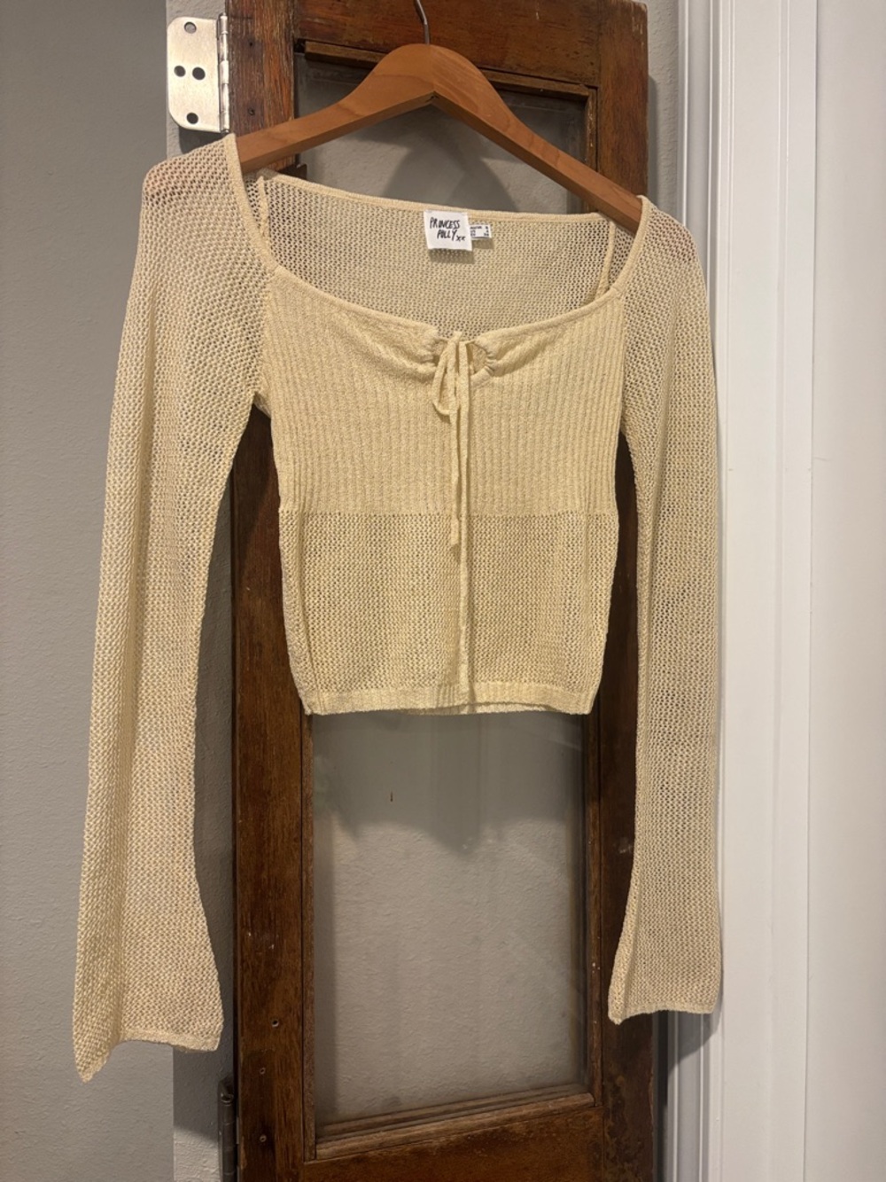 Princess Polly Cream Knit Tie-Front Long Sleeve Crop Top